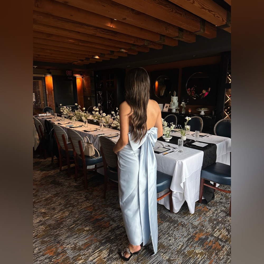Alfred Sung Strapless Bow Back Satin Column Gown
